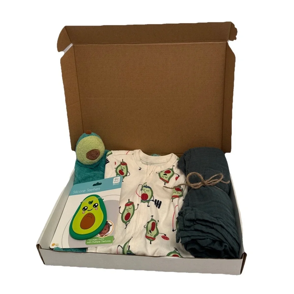 Unisex Baby Shower Newborn Avocado Theme Present, PJ's, Lovey, Blanket & Teether